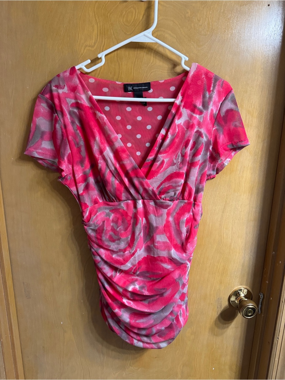 INC International Concepts Pink and Gray Floral Ruched V-Neck Blouse
